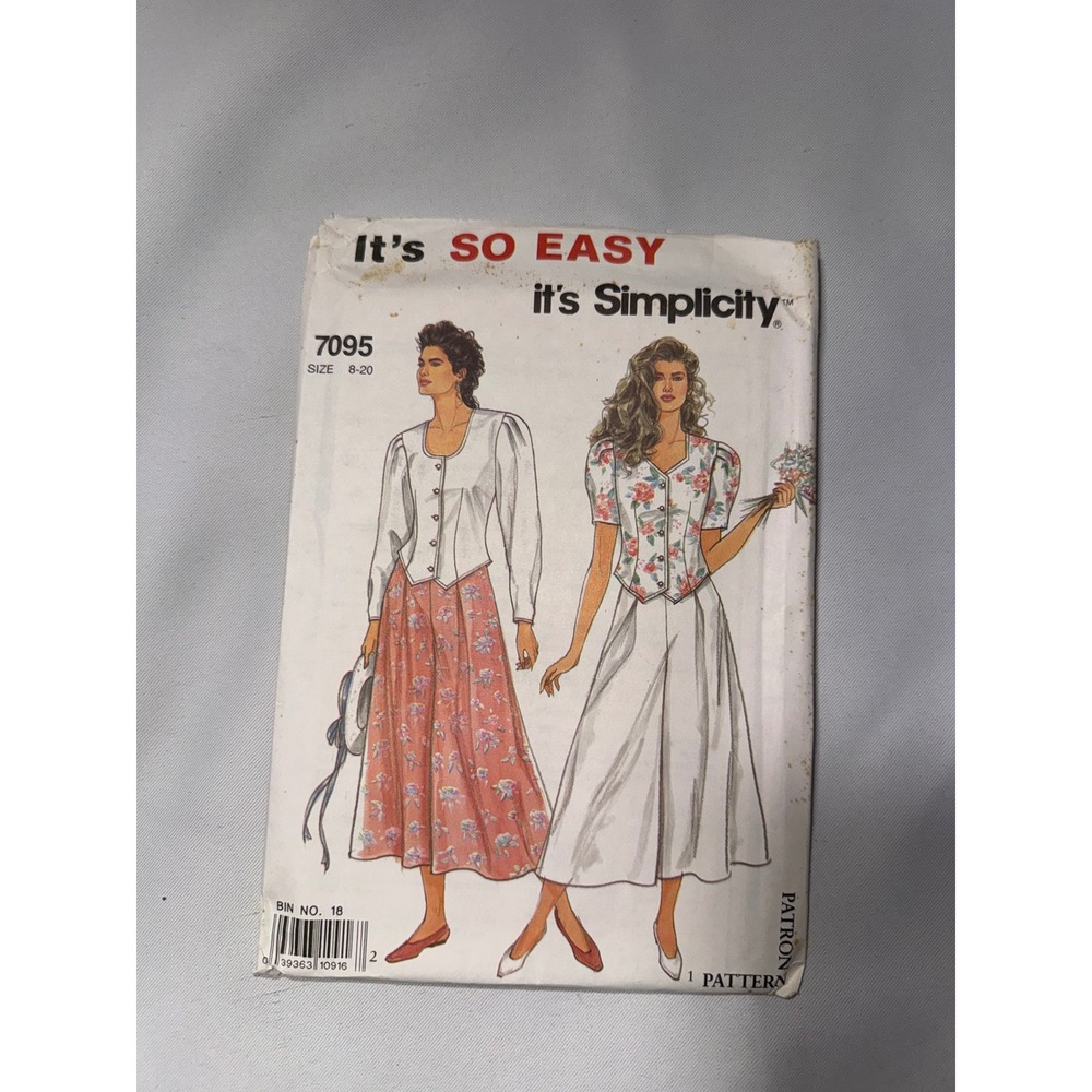 Vintage Simplicity 7095 Sewing Pattern Misses Blouse Culottes Size 8-20 80s 90s
